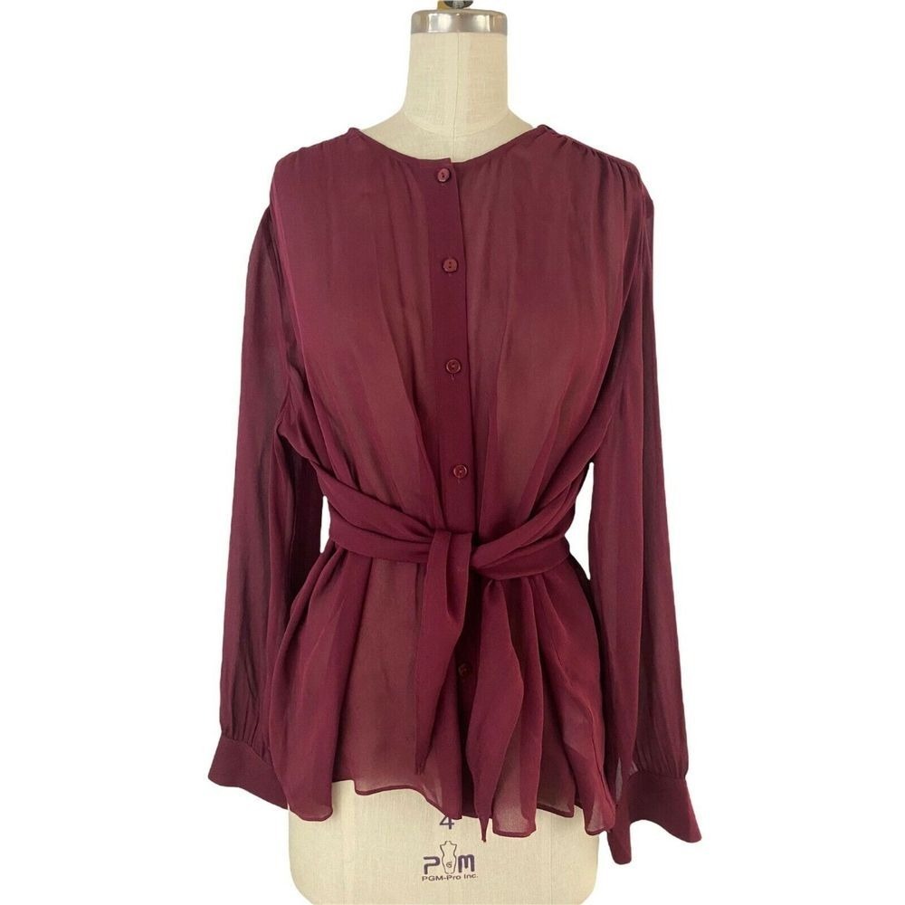 Habitual Womens S Burgundy Red Blouse Sheer Button Front Tie Front‎ Blouse NEW